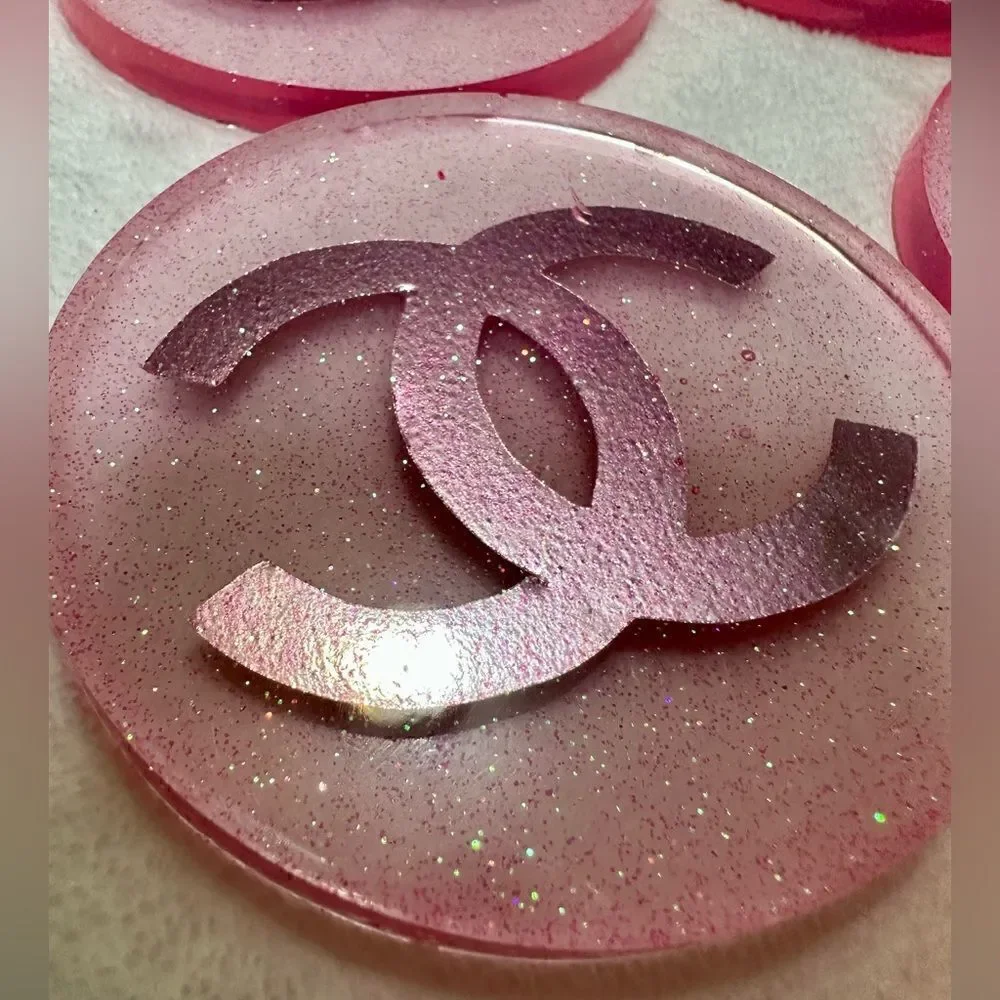 Pink Glitter Resin Coasters / Circle Shapes Handmade Resin. Ch= Monogr…